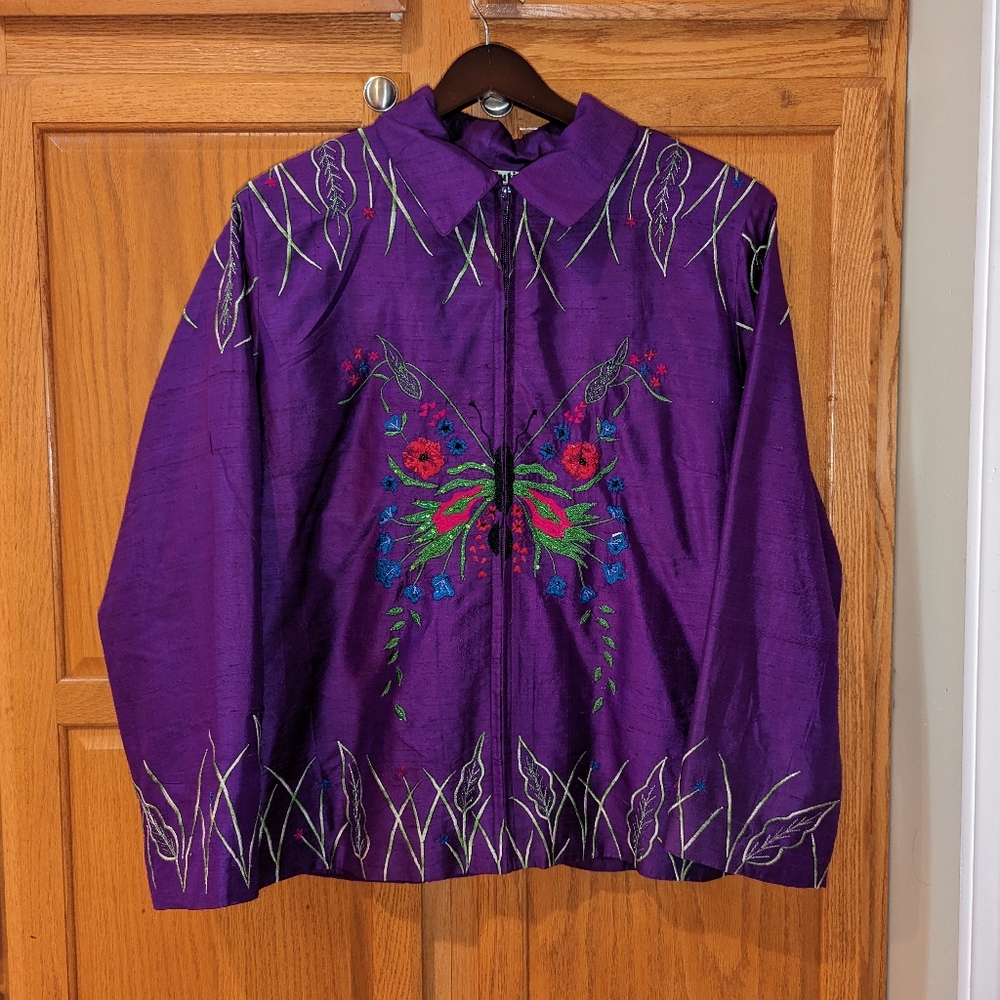 NWT Blutique Women size 1X XL Purple Pure Silk Butterfly Jacket embroidered hand